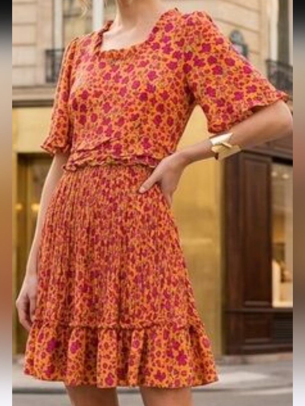 NWT Ivy City Co Orange and Pink Floral Tiered Mini Dress Size 14